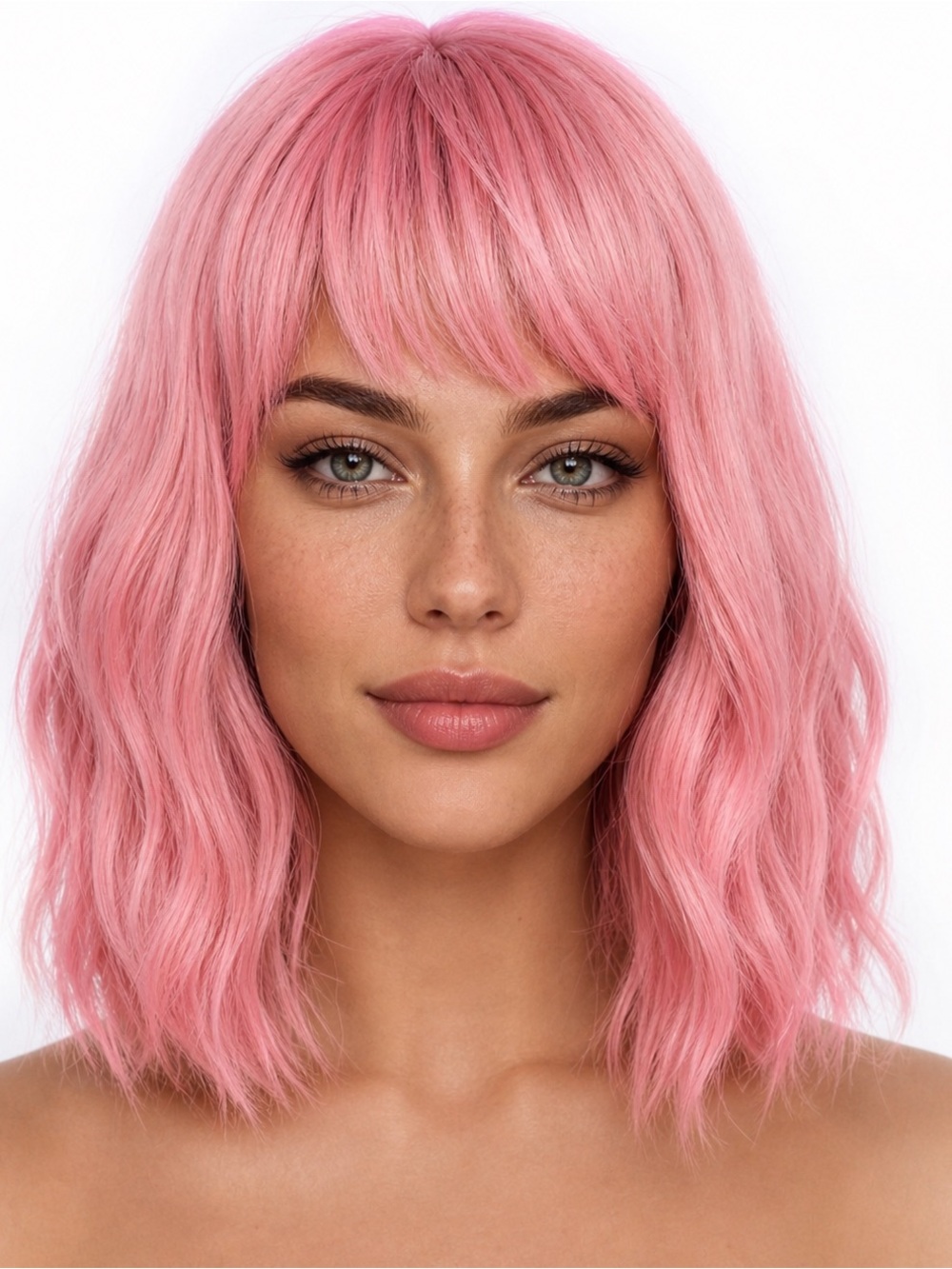 Lancaini Short Bob Wigs with Bangs for Women Loose Wavy Wig Curly Wavy Shoulder